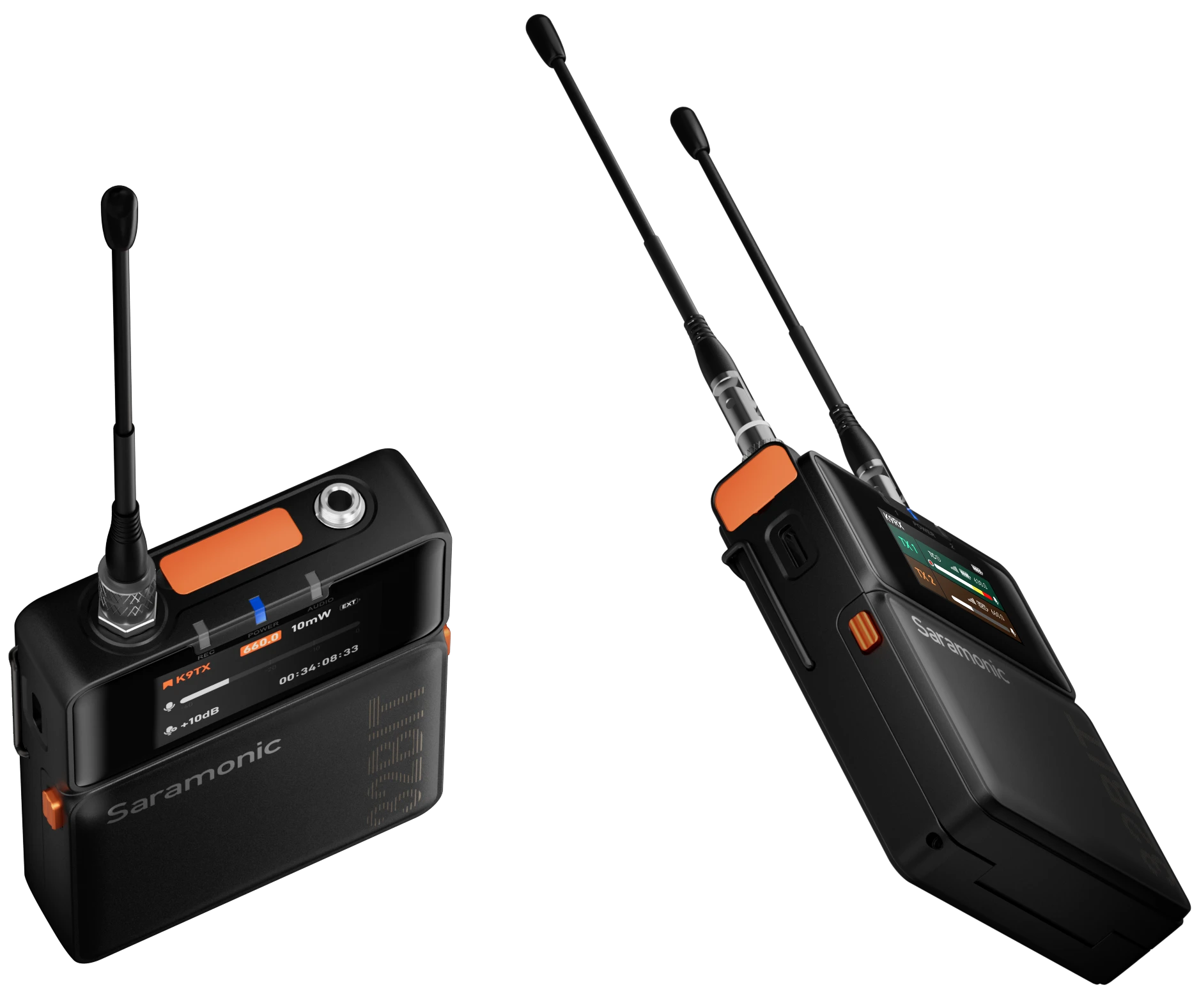 Transmisor y receptor Saramonic K9 con sus pantallas y controles
