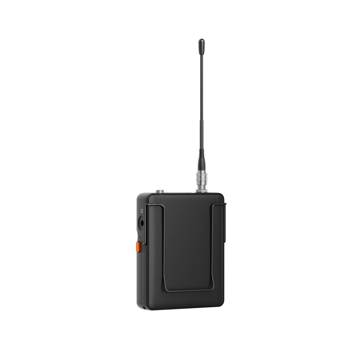 Saramonic K9 — transmisor visto por detrás con clip de cinturón
